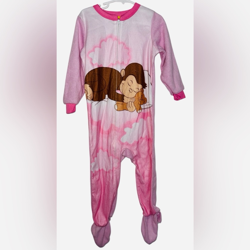 Vintage Curious George Pink one piece footie Footed pajamas zip up size 4T